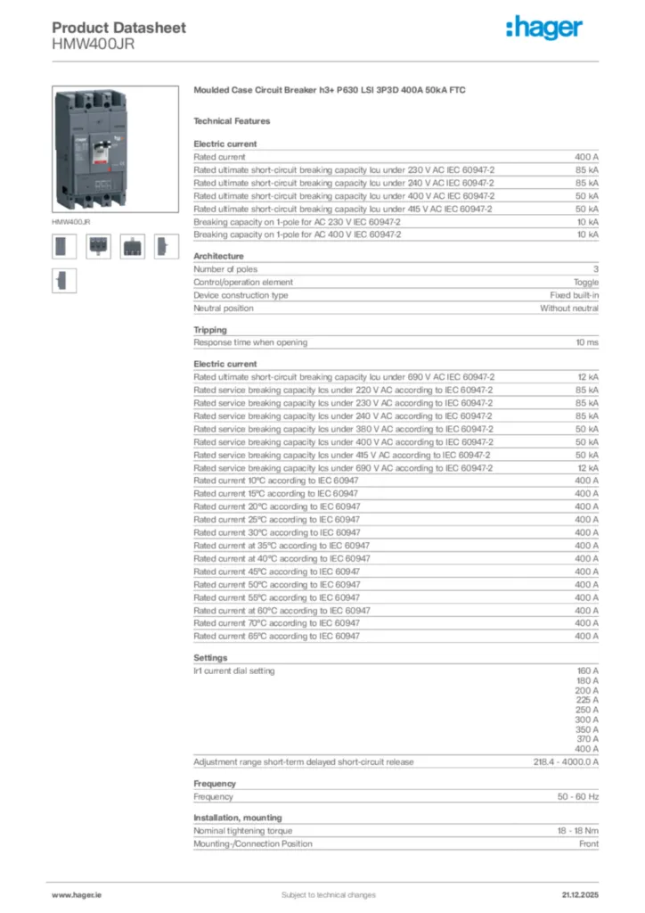 Image Hager Product data sheet HMW400JR  | Hager