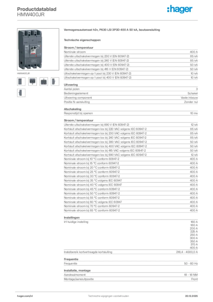 Afbeelding Hager Productdatablad HMW400JR | Hager Nederland