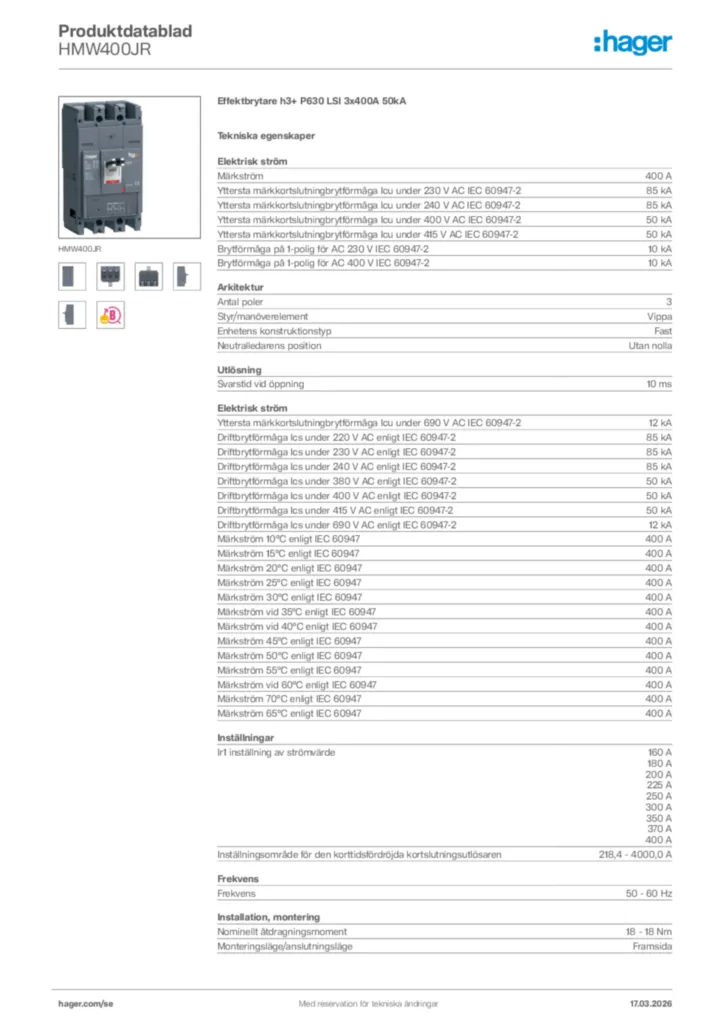 Bild Hager Produktdatablad HMW400JR | Hager Sverige