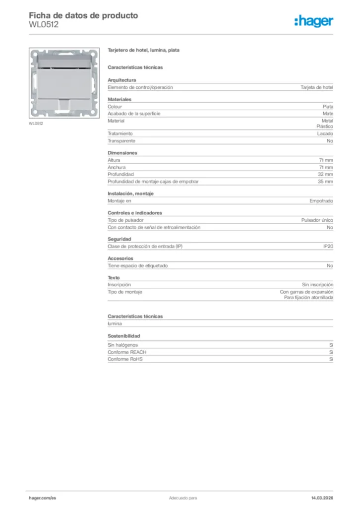 Imagen Hager Ficha de datos de producto WL0512 | Hager España