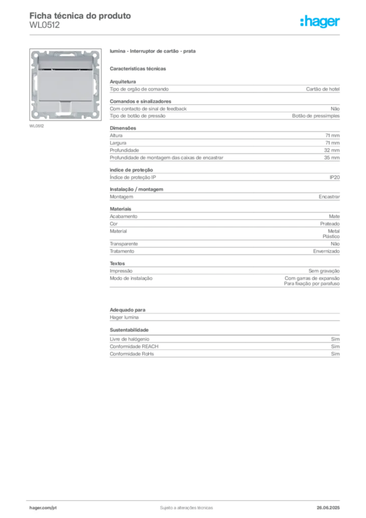 Imagem Hager Ficha técnica do produto WL0512 | Hager Portugal