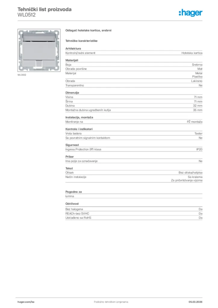 Slika Hager Tehnički list proizvoda WL0512  | Hager
