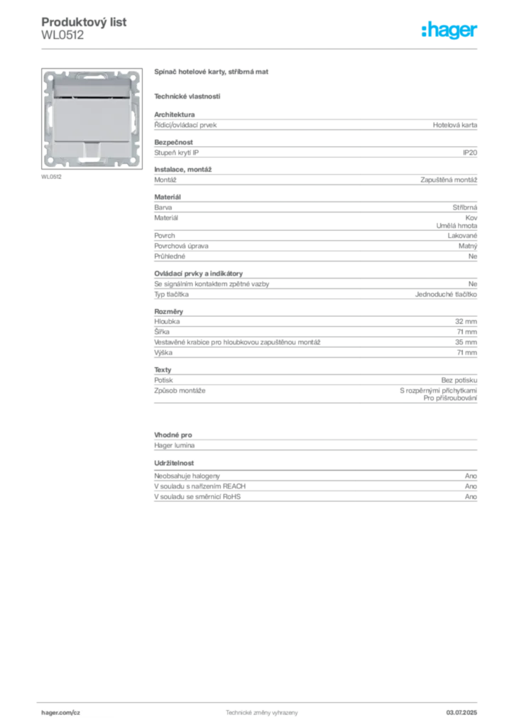 Obrázek Hager Produktový list WL0512 | Hager