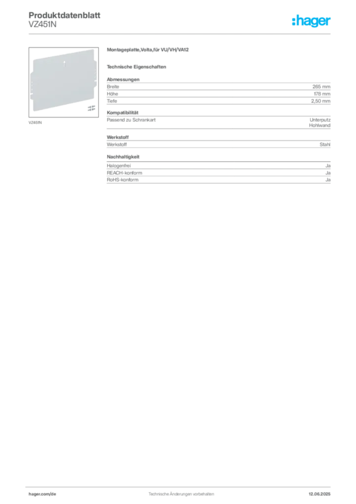 Hager Produktdatenblatt VZ451N