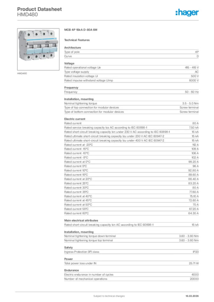 Image Hager Product data sheet HMD480  | Hager Africa