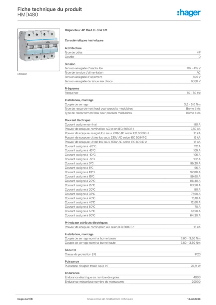 Image Hager Fiche technique du produit HMD480 | Hager France
