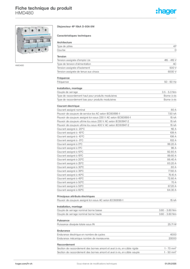 Image Hager Fiche technique du produit HMD480 | Hager Suisse