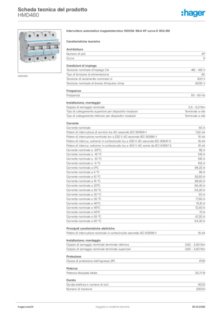 Immagine Hager Scheda tecnica del prodotto HMD480 | Hager Italia