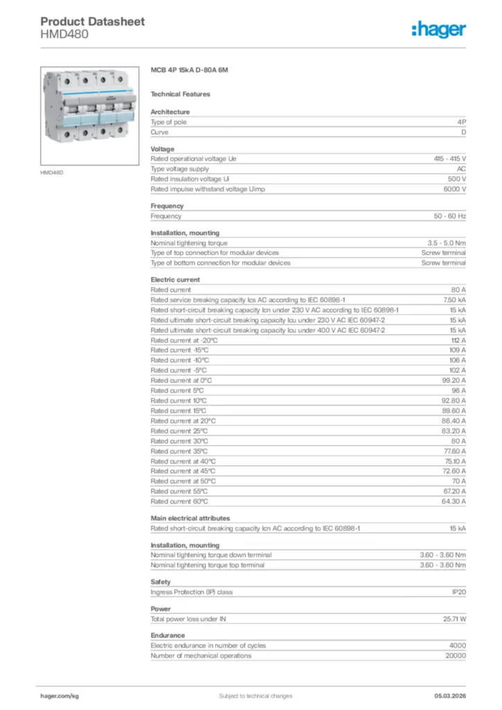 Image Hager Product data sheet HMD480  | Hager