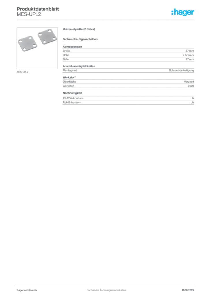 Bild Hager Produktdatenblatt MES-UPL2 | Hager Schweiz