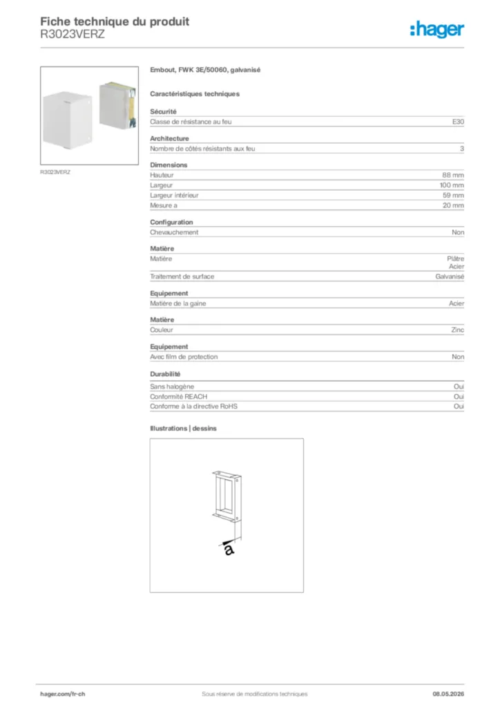 Image Hager Fiche technique du produit R3023VERZ | Hager Suisse