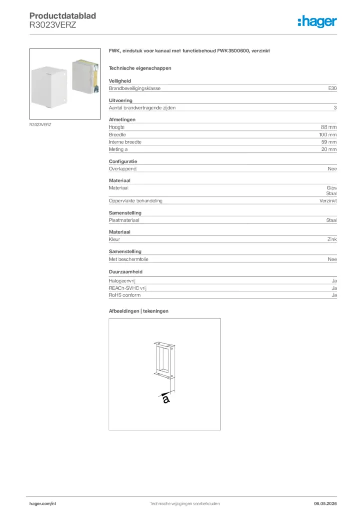 Afbeelding Hager Productdatablad R3023VERZ | Hager Nederland