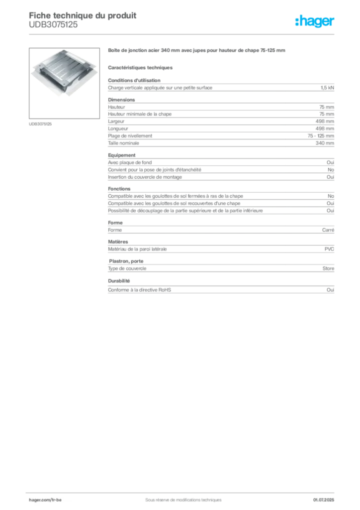 Image Hager Fiche technique du produit UDB3075125 | Hager Belgique