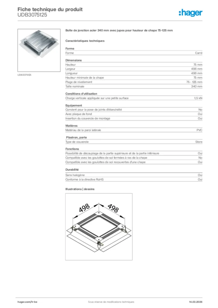 Image Hager Fiche technique du produit UDB3075125 | Hager Belgique