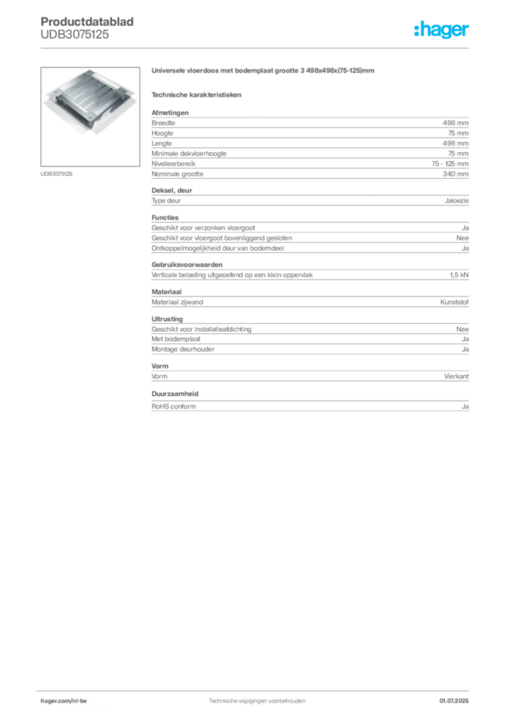 Afbeelding Hager Productdatablad UDB3075125 | Hager Belgium