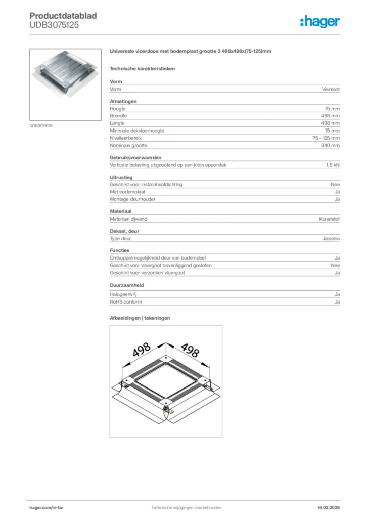 Afbeelding Hager Productdatablad UDB3075125 | Hager Belgium