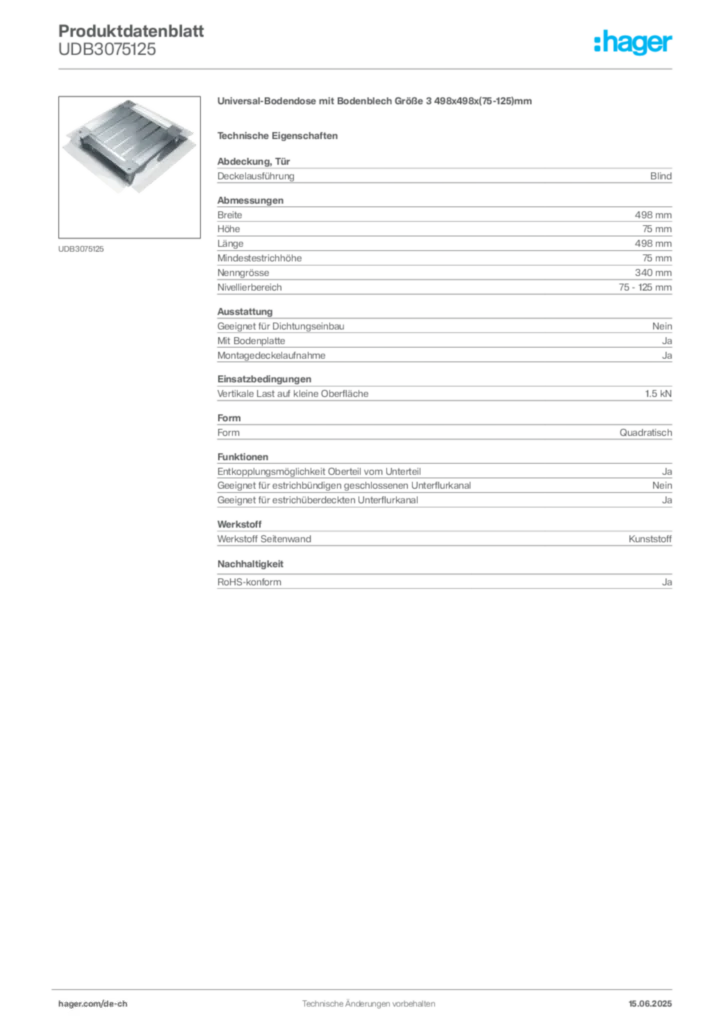 Bild Hager Produktdatenblatt UDB3075125 | Hager Schweiz