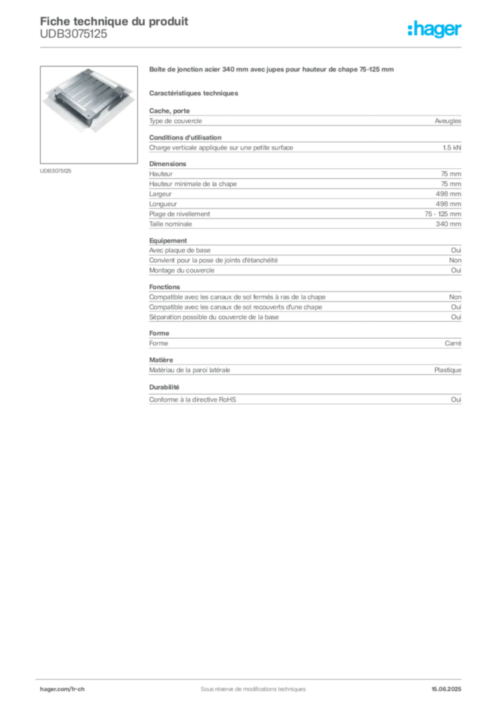 Image Hager Fiche technique du produit UDB3075125 | Hager Suisse