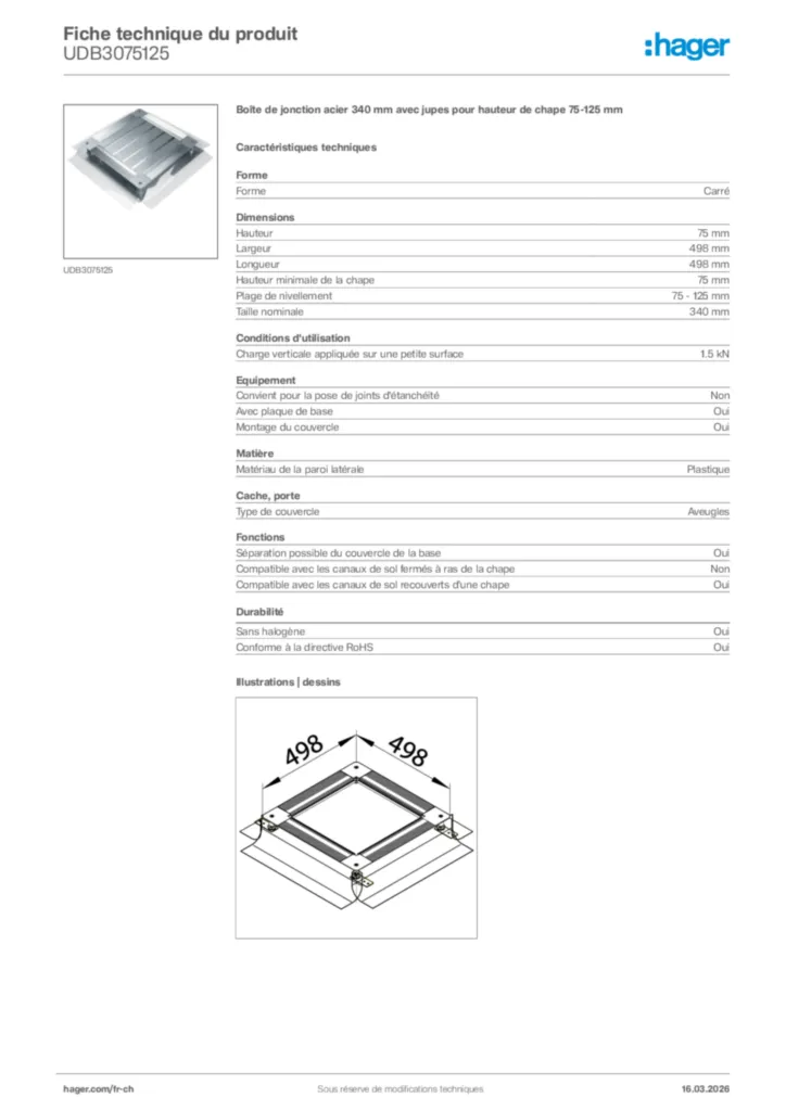 Image Hager Fiche technique du produit UDB3075125 | Hager Suisse