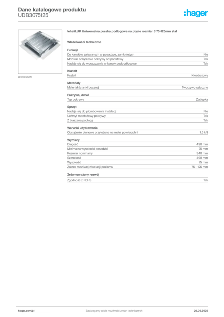 Zdjęcie Hager Dane katalogowe produktu UDB3075125 | Hager Polska