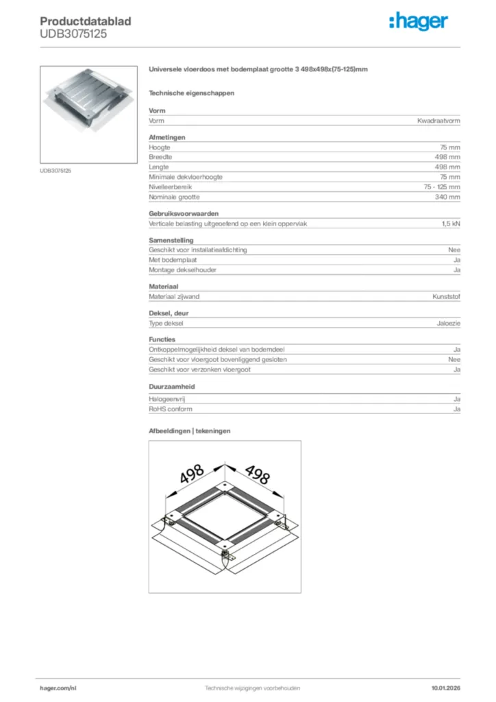 Afbeelding Hager Productdatablad UDB3075125 | Hager Nederland