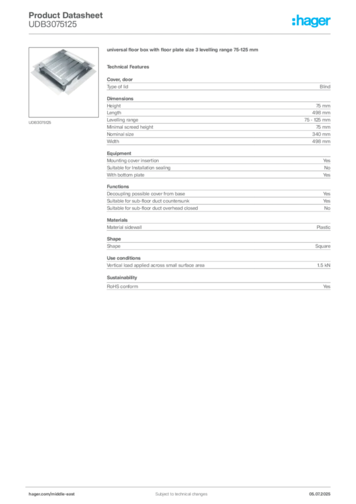 Image Hager Product data sheet UDB3075125  | Hager