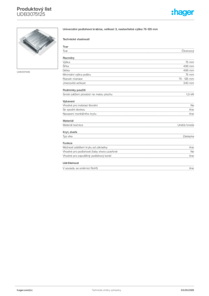 Obrázek Hager Produktový list UDB3075125 | Hager