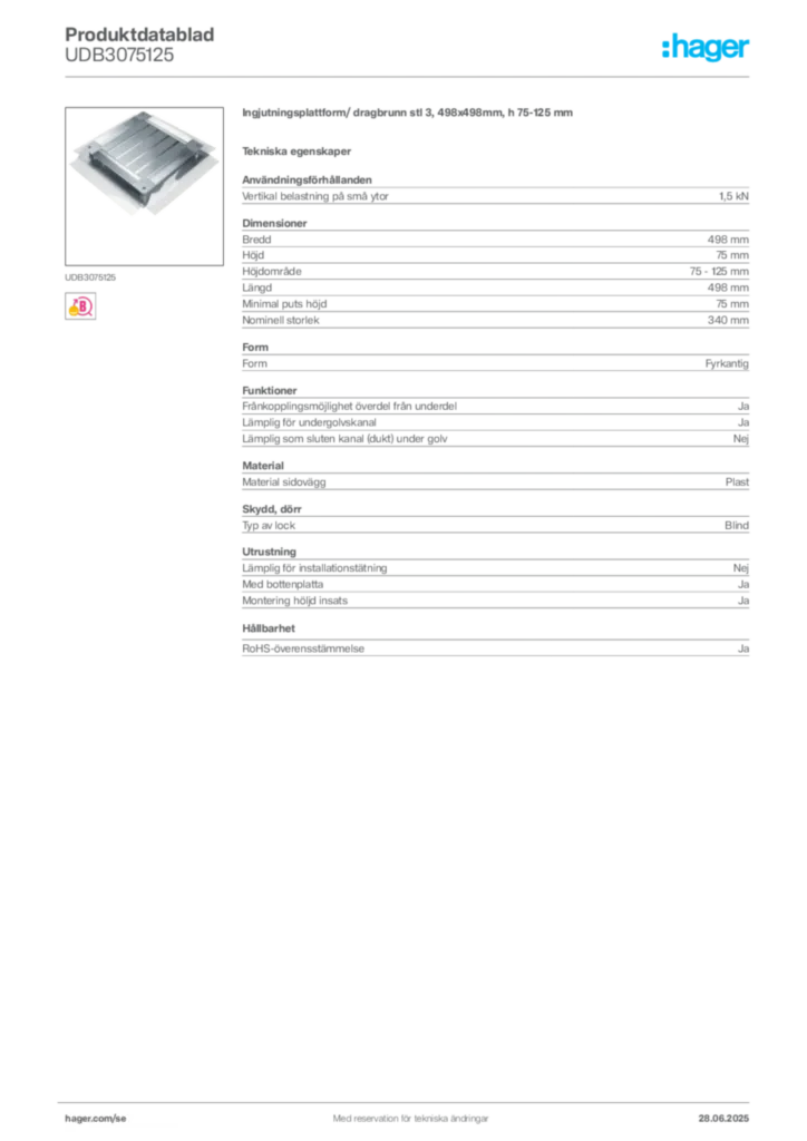 Bild Hager Produktdatablad UDB3075125 | Hager Sverige