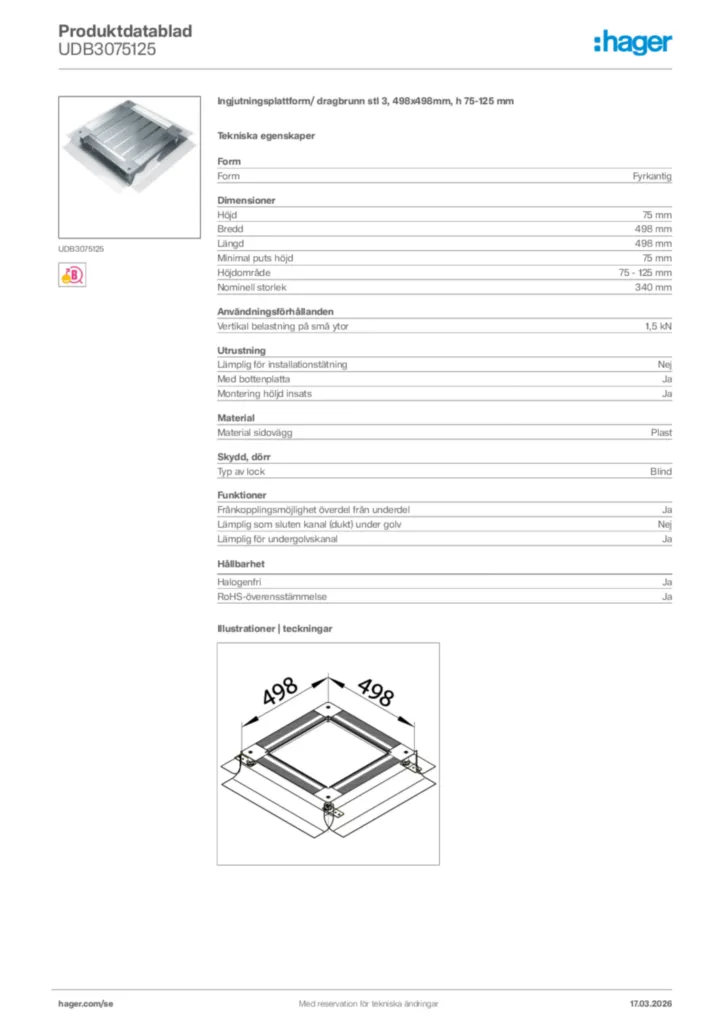 Bild Hager Produktdatablad UDB3075125 | Hager Sverige