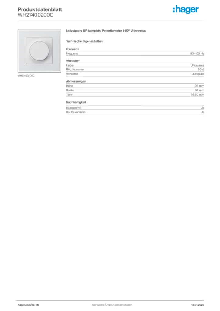 Bild Hager Produktdatenblatt WH27400200C | Hager Schweiz