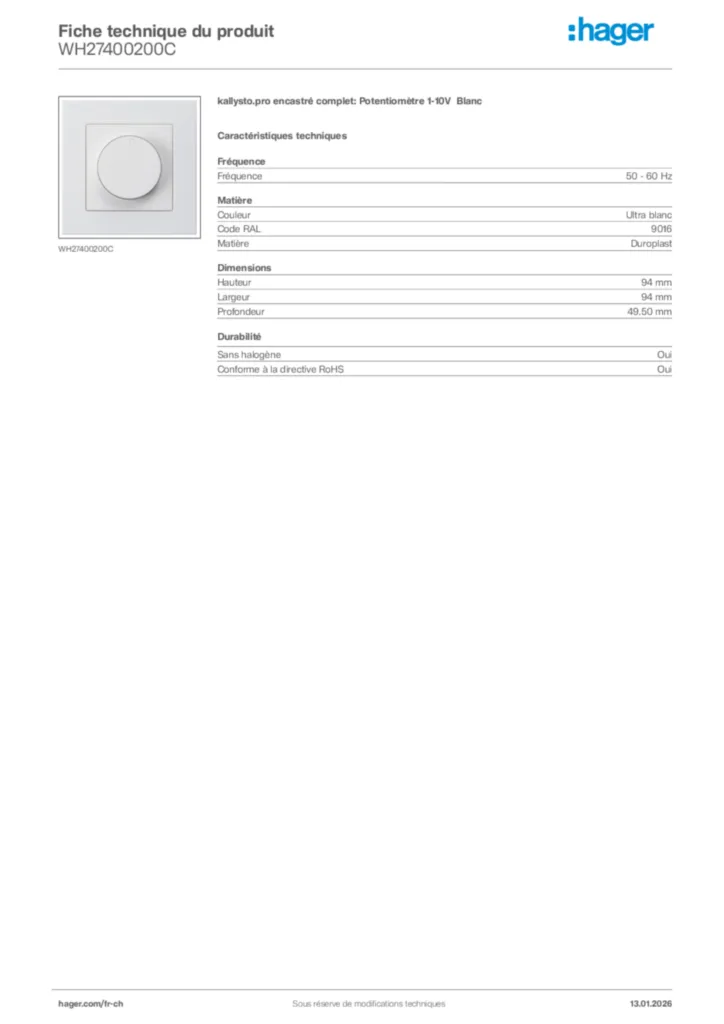 Image Hager Fiche technique du produit WH27400200C | Hager Suisse