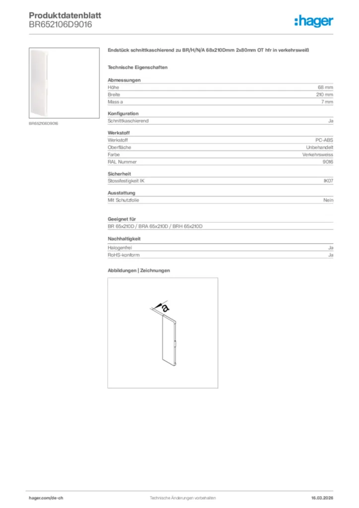 Bild Hager Produktdatenblatt BR652106D9016 | Hager Schweiz