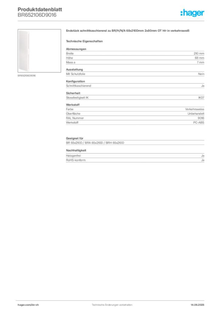 Bild Hager Produktdatenblatt BR652106D9016 | Hager Schweiz