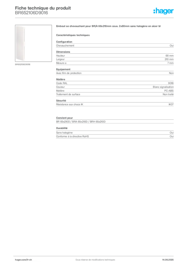 Image Hager Fiche technique du produit BR652106D9016 | Hager Suisse