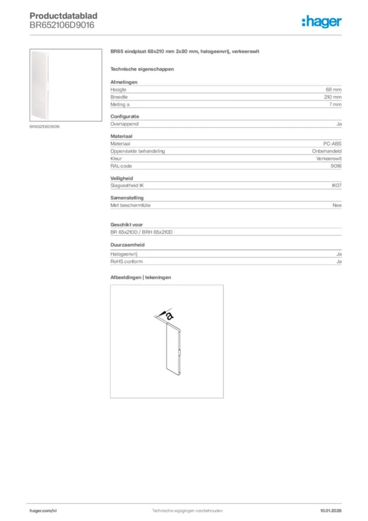 Afbeelding Hager Productdatablad BR652106D9016 | Hager Nederland