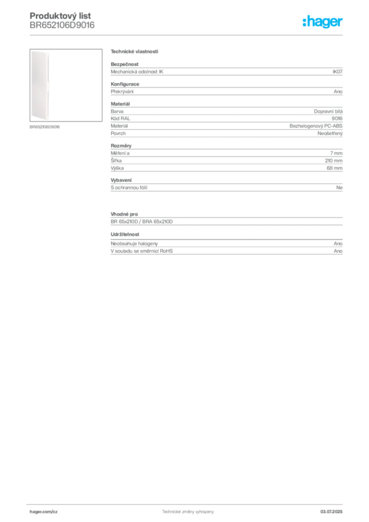 Obrázek Hager Produktový list BR652106D9016 | Hager