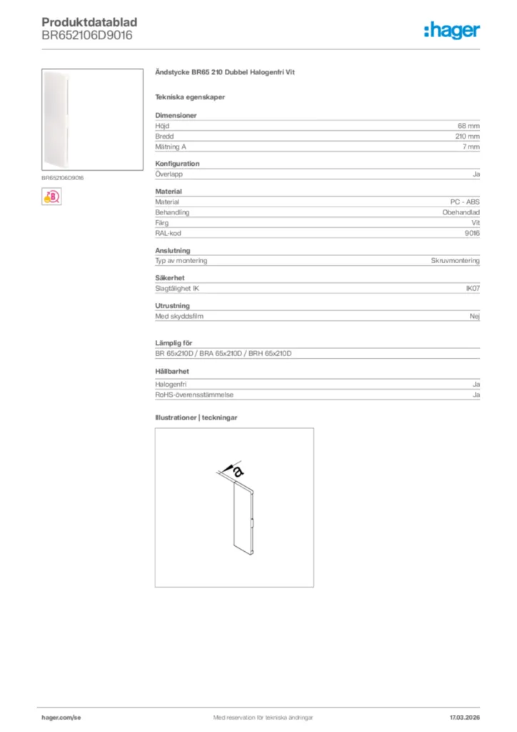 Bild Hager Produktdatablad BR652106D9016 | Hager Sverige