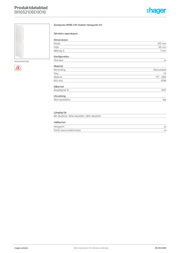 Bild Hager Produktdatablad BR652106D9016 | Hager Sverige
