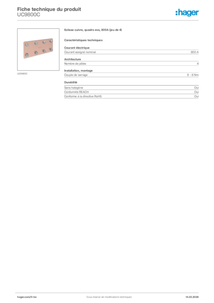 Image Hager Fiche technique du produit UC9800C | Hager Belgique