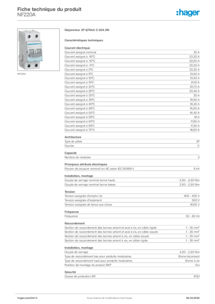 Image Hager Fiche technique du produit NF220A | Hager Afrique