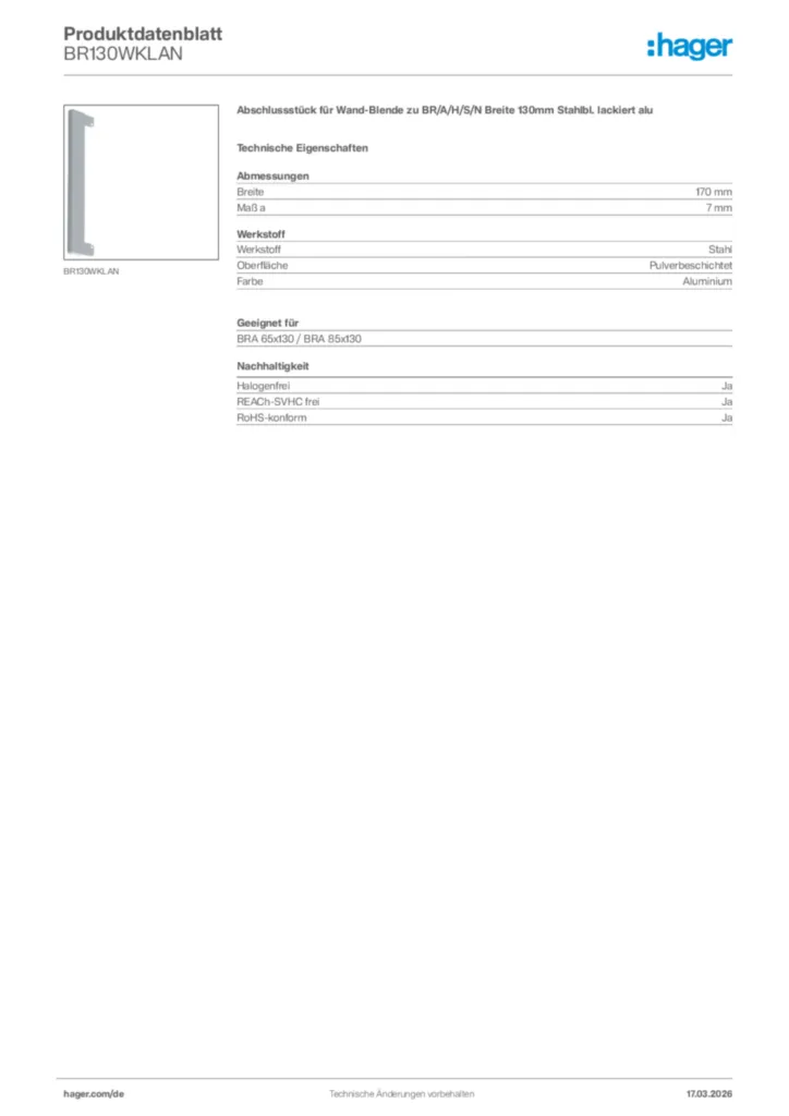 Bild Hager Produktdatenblatt BR130WKLAN | Hager Deutschland