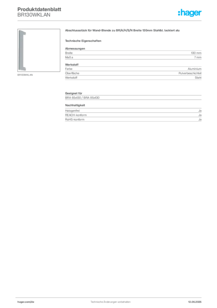 Bild Hager Produktdatenblatt BR130WKLAN | Hager Deutschland