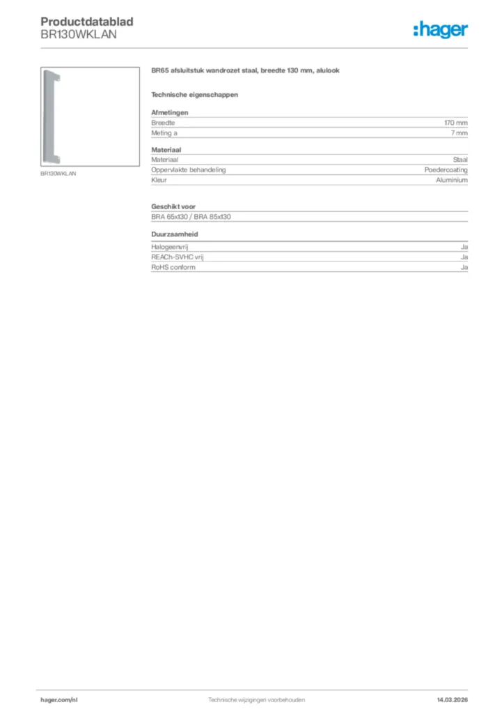 Afbeelding Hager Productdatablad BR130WKLAN | Hager Nederland