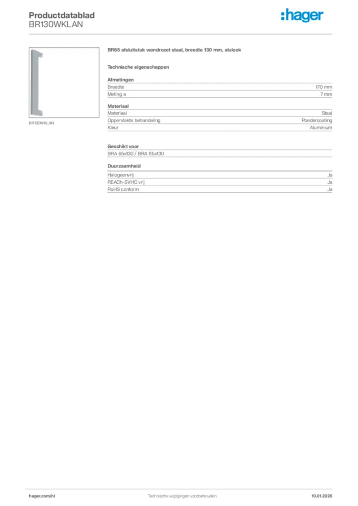 Afbeelding Hager Productdatablad BR130WKLAN | Hager Nederland