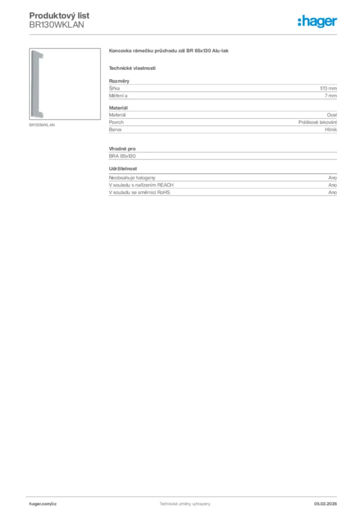 Obrázek Hager Product data sheet BR130WKLAN | Hager