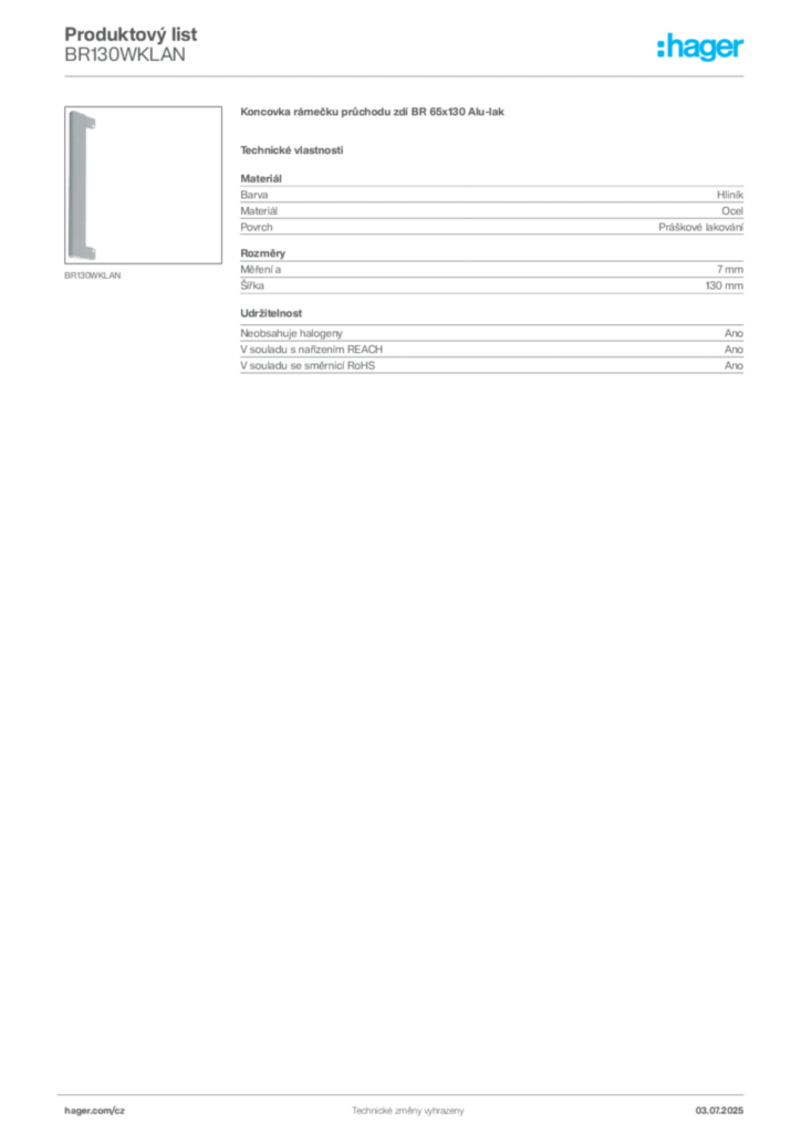 Obrázek Hager Produktový list BR130WKLAN | Hager