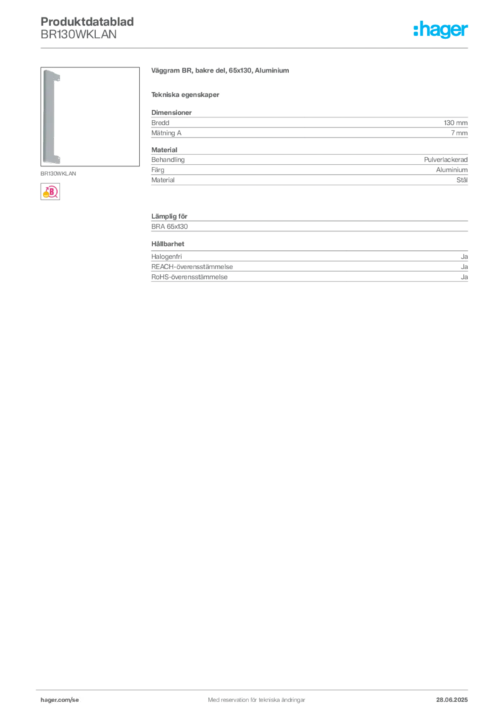 Bild Hager Produktdatablad BR130WKLAN | Hager Sverige