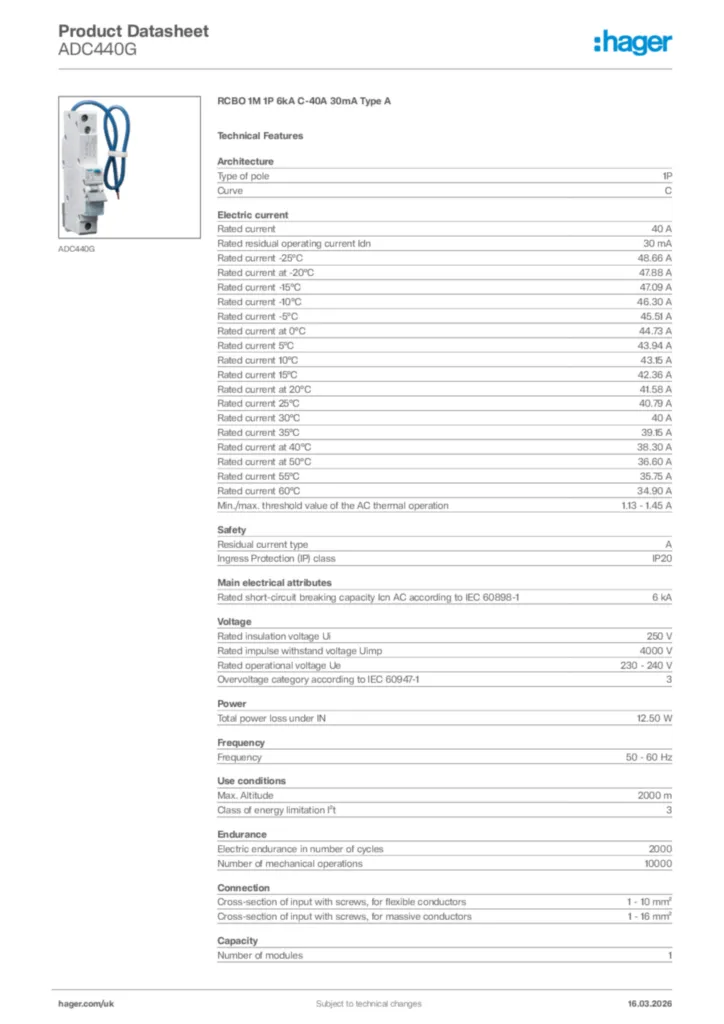 Image Hager Product data sheet ADC440G  | Hager
