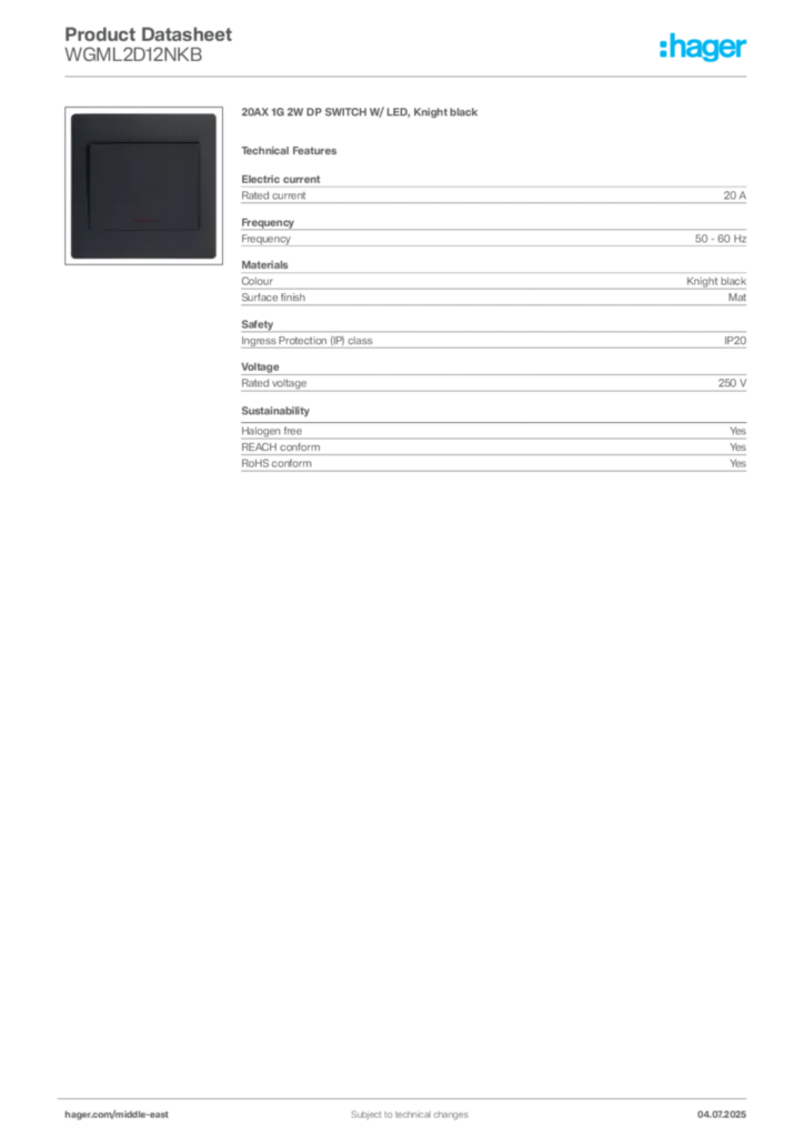 Image Hager Product data sheet WGML2D12NKB  | Hager