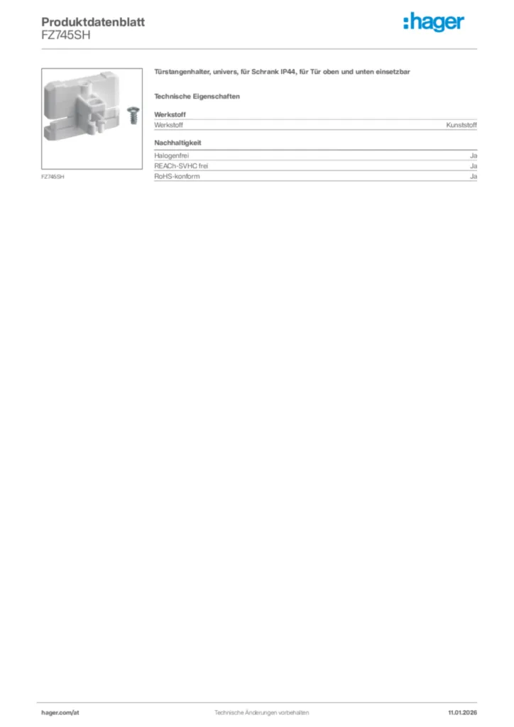 Bild Hager Produktdatenblatt FZ745SH | Hager Deutschland